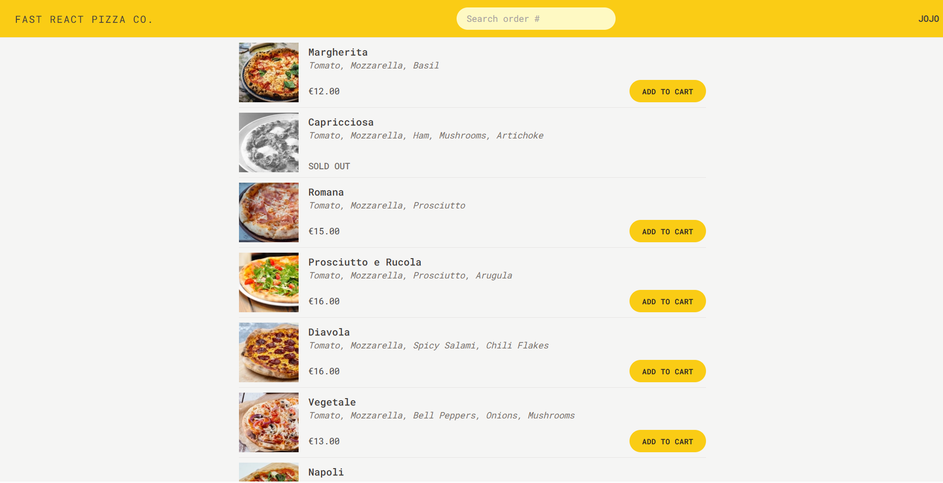 Fast React Pizza project screenshot